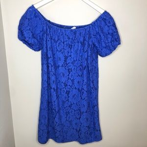 Tash + Sophie off the shoulder blue lace dress